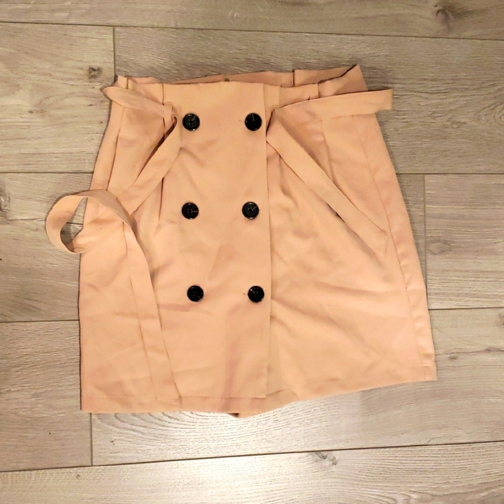 Tan Mini Pencil Skirt with Tie Front for Work